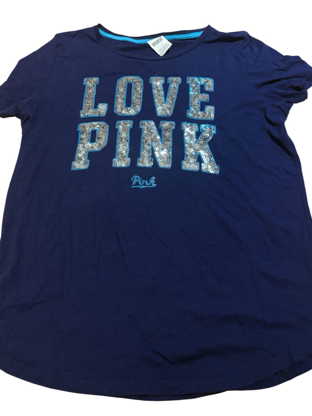 PINK Victoria's Secret Navy Tee with Silver Sequin 'LOVE PINK' Size Large